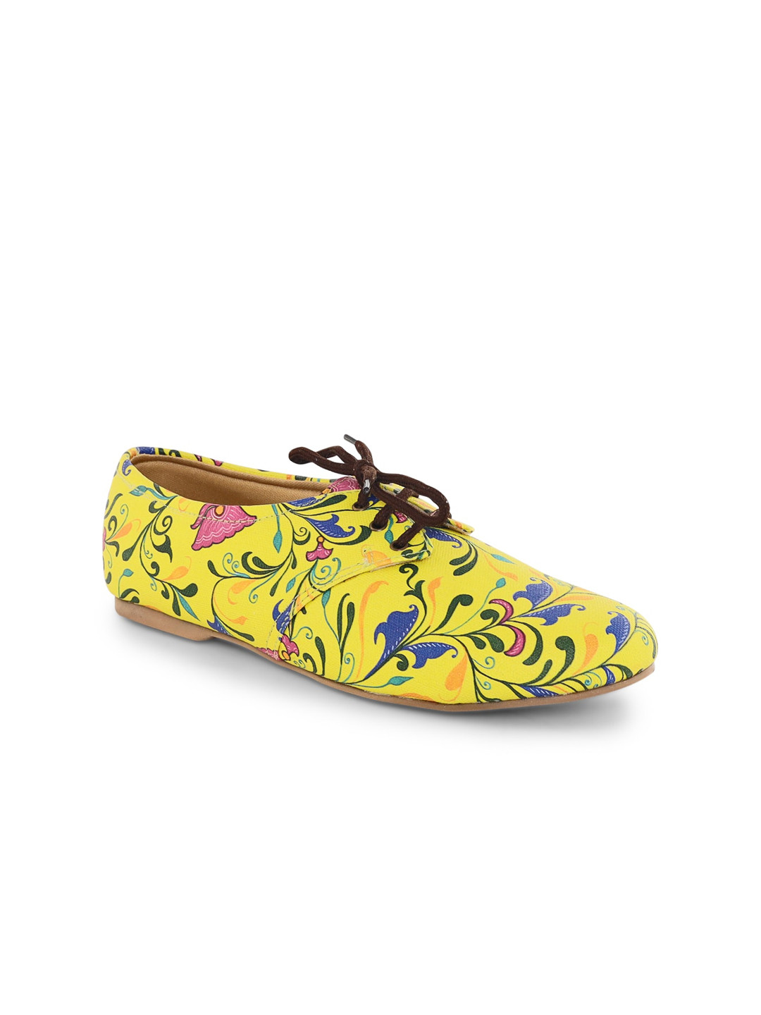 Kanvas Women Yellow & Blue Garland Printed Textile Comfort Insole Basics Derbys