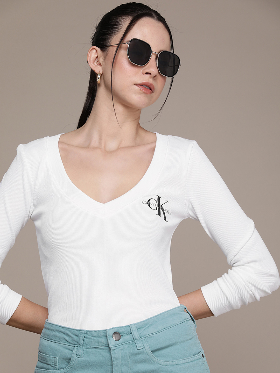 Calvin Klein Jeans Brand Logo Embroidered V-Neck Slim Fit Ribbed T-shirt