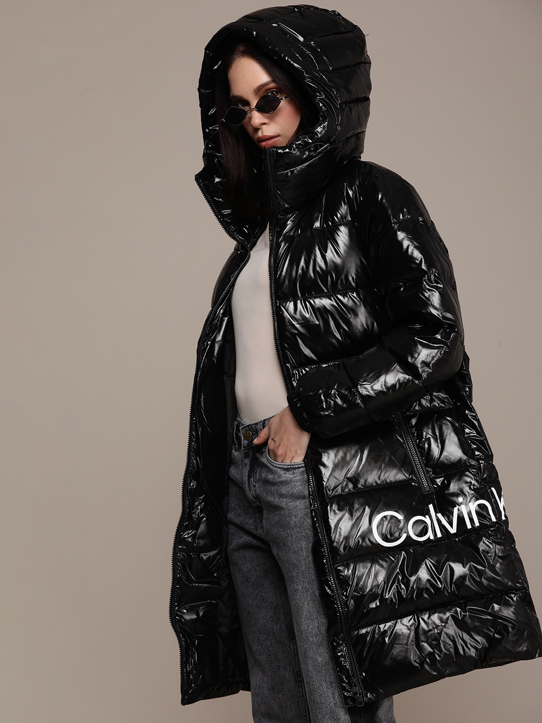Calvin Klein Jeans Brand Logo Printed Shiny Longline Puffer Jacket