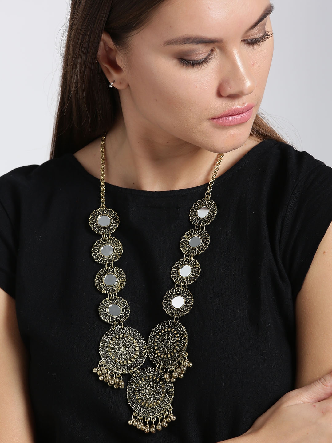 Infuzze Antique Gold Toned Metal Mirror Necklace