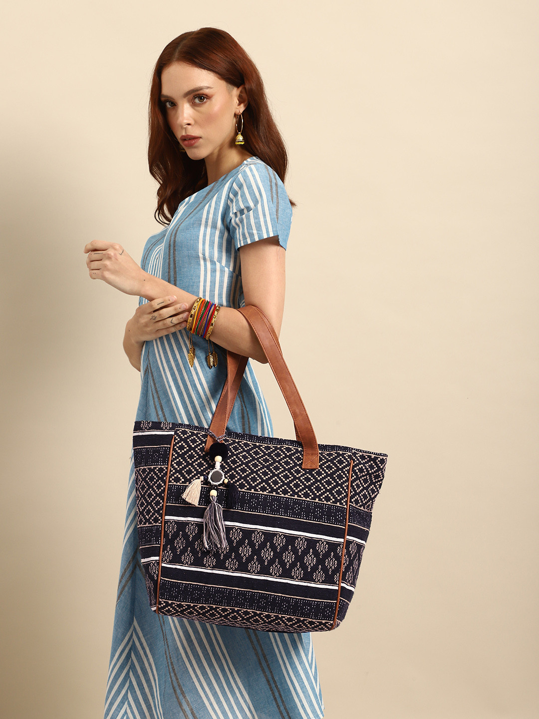 Anouk Ethnic Motifs Textured Shopper Tote Bag with Tasselled Detail