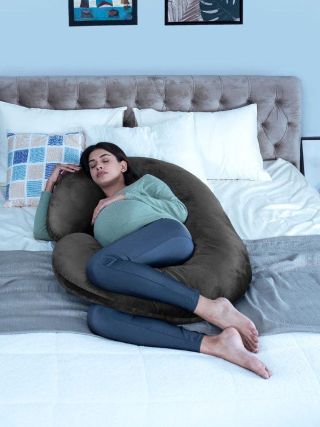 wakefit Charcoal Solid Faux Velvet Medium Fibre Maternity Pillow-25.4 x 50.8 x 120 cm