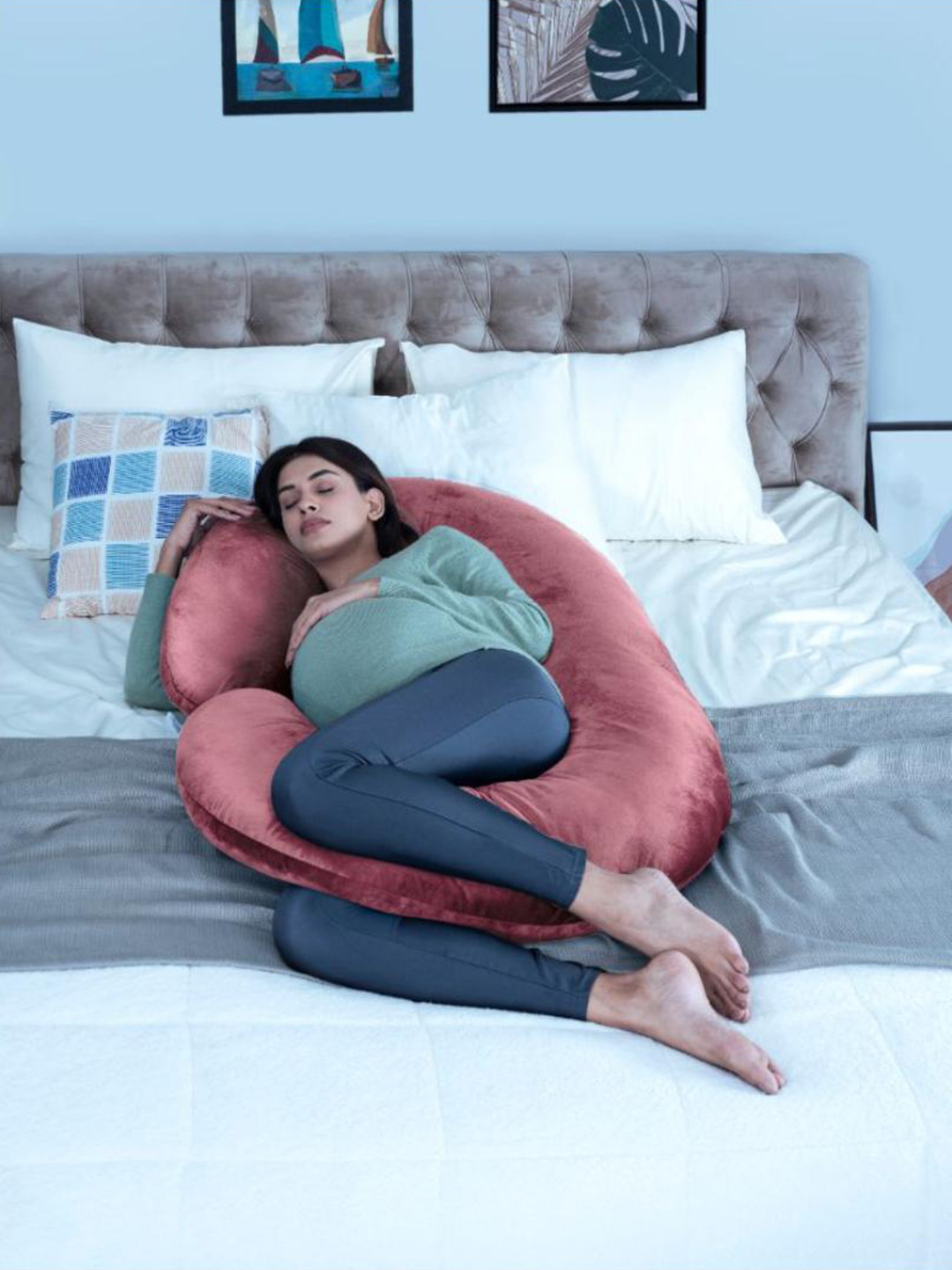 wakefit Pink Solid Faux Velvet Adjustable Medium Fibre Maternity Pillow-25.4 x 50.8 x 120 cm