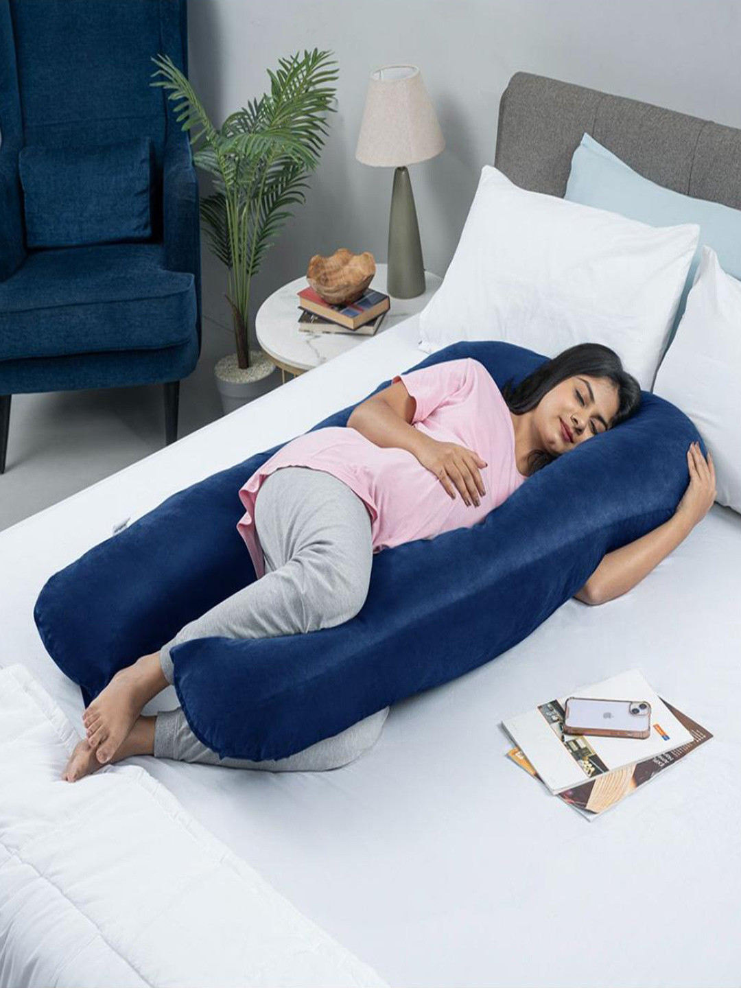 wakefit Blue Solid Faux Velvet Adjustable Medium Fibre Maternity Pillow-25.4 x 50.8 x 120 cm