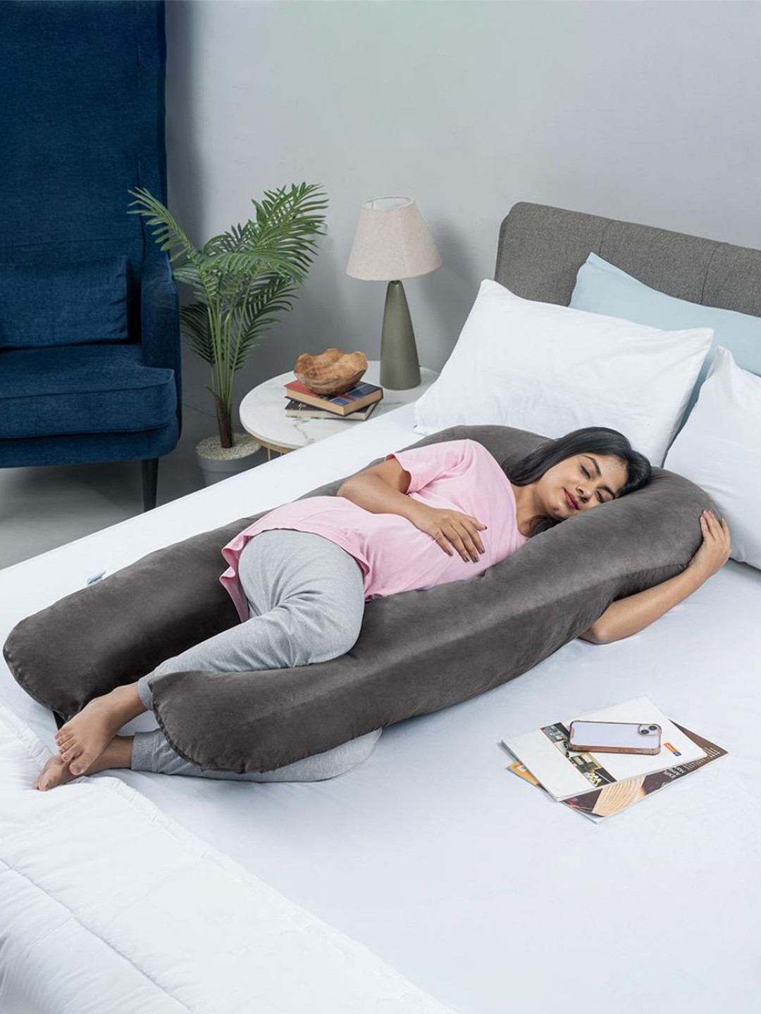 wakefit Charcoal Solid Faux Velvet Adjustable Medium Fibre Maternity Pillow-25.4 x 50.8 x 122 cm