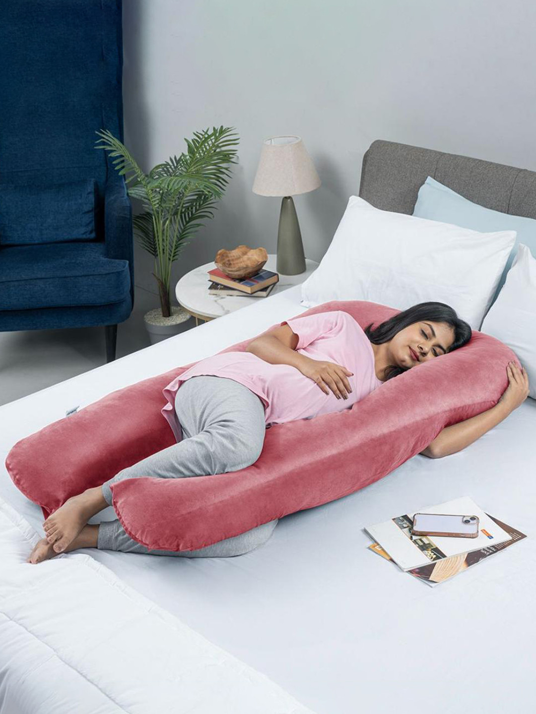 wakefit Pink Solid Faux Velvet Adjustable Medium Fibre Maternity Pillow-25.4 x 50.8 x 120 cm