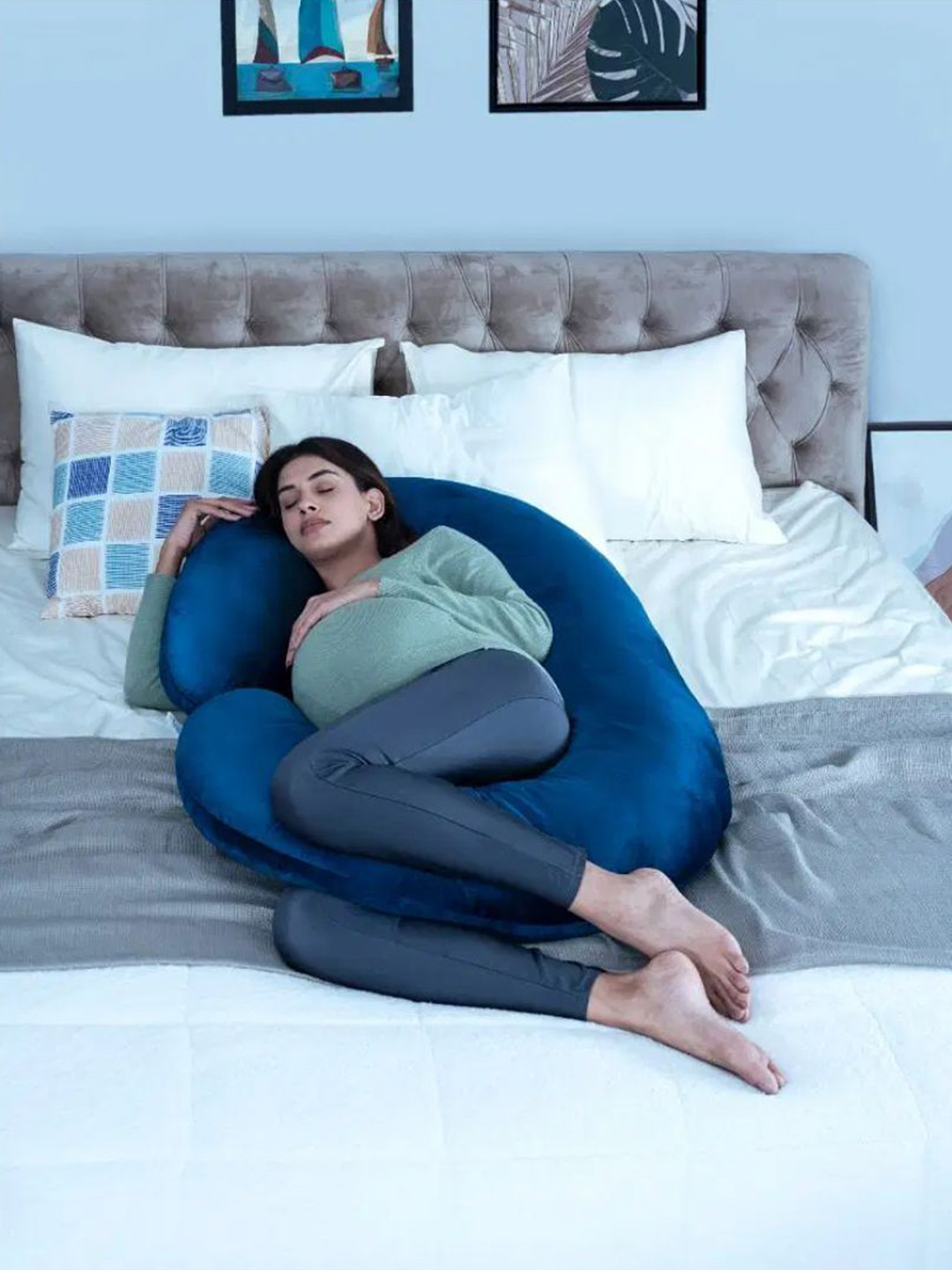 wakefit Blue Solid Faux Velvet Adjustable Medium Fibre Maternity Pillow-25.4 x 50.8 x 120 cm