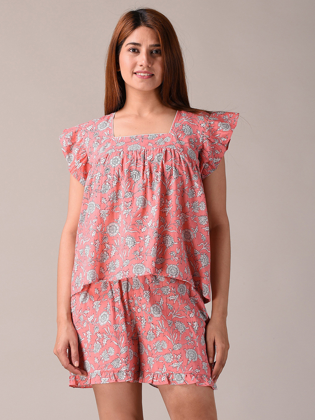 KANNAHI Floral Printed Lapel Collar Pure Cotton Top & Shorts Night Suit