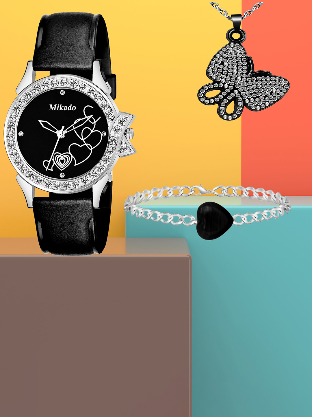 Mikado Women Analogue Display Watch With Chain & Bracelet Accessory Gift Set