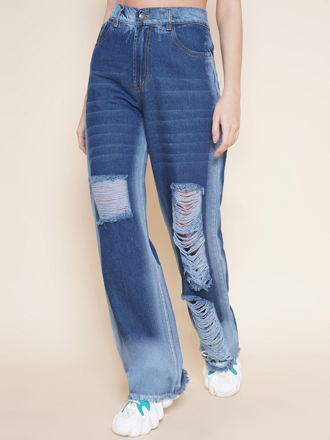 VESTIDO MODAS Women Straight Fit High-Rise Light Fade Highly Distressed Pure Cotton Jeans