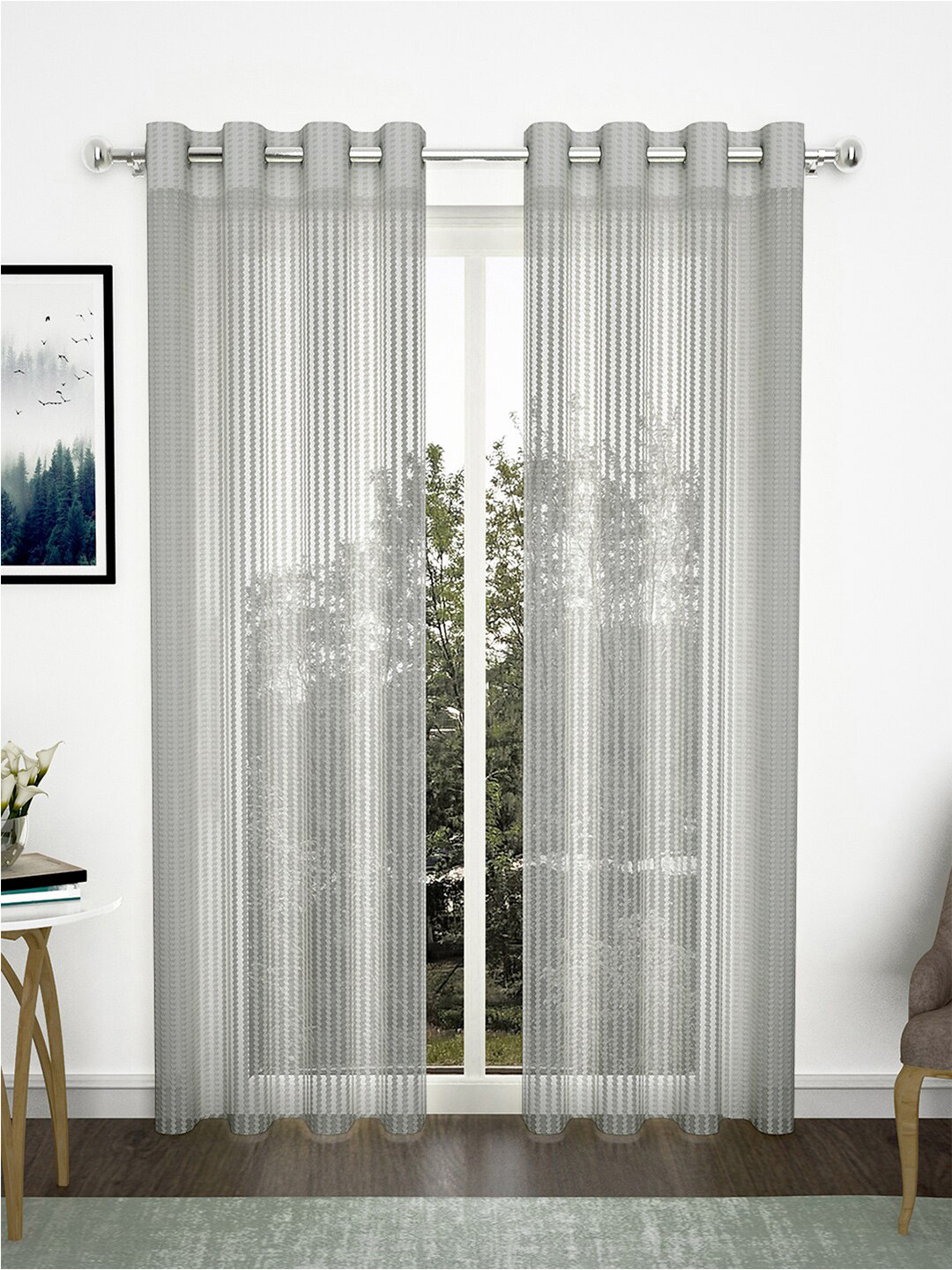 Story@home 2 Pcs Grey Striped Sheer Long Door Curtain