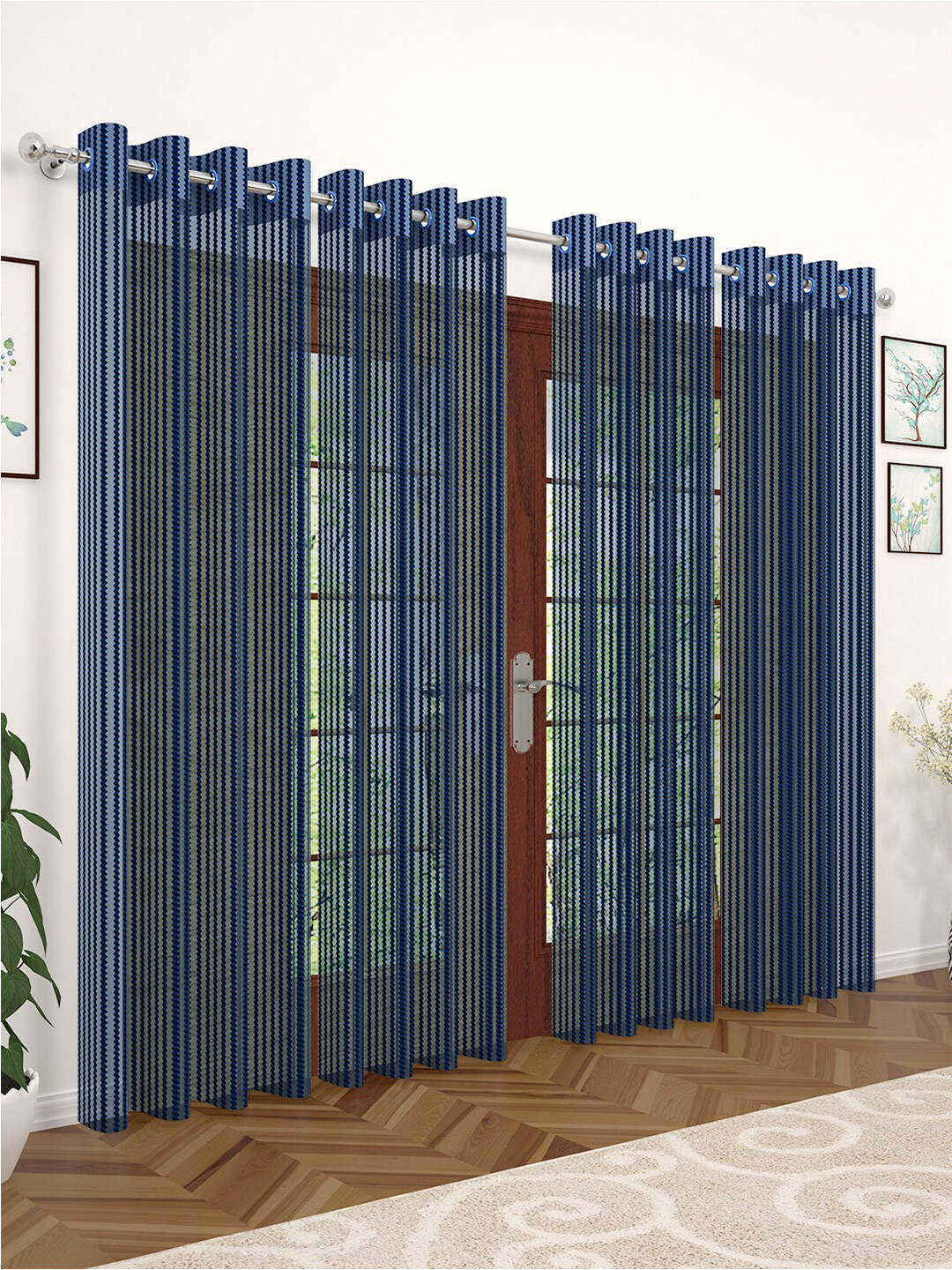 Story@home 4 Pcs Navy Blue Striped Sheer Long Door Curtain