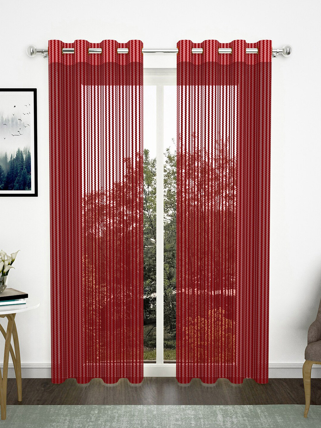 Story@home 2 Pcs Maroon Striped Sheer Long Door Curtain