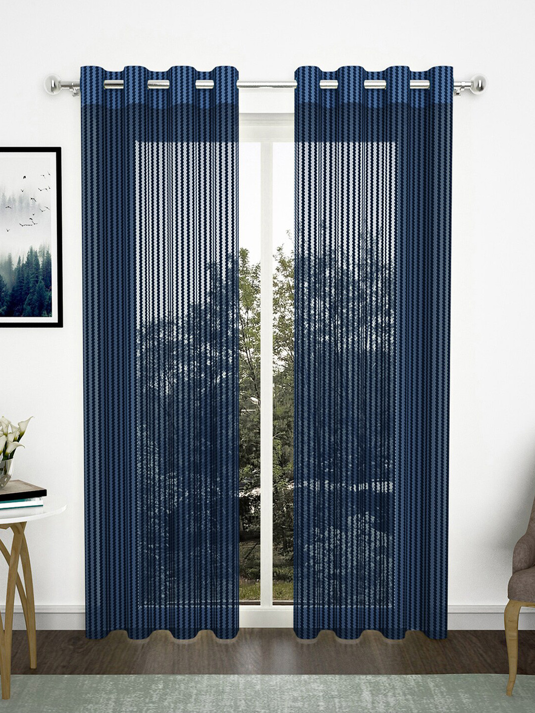Story@home 2 Pcs Navy Blue Striped Sheer Long Door Curtain