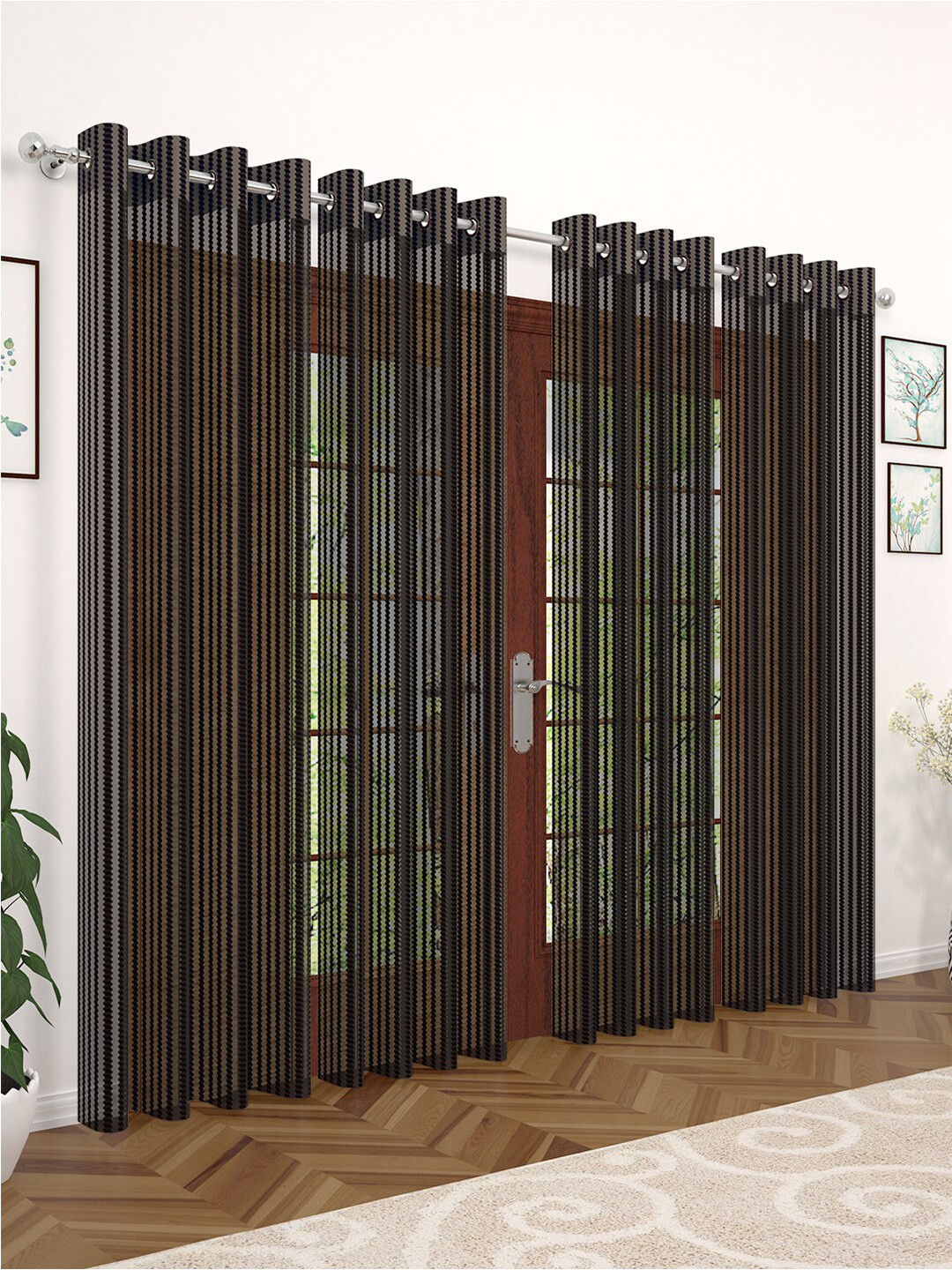 Story@home 4 Pcs Coffee Brown Striped Sheer Long Door Curtain