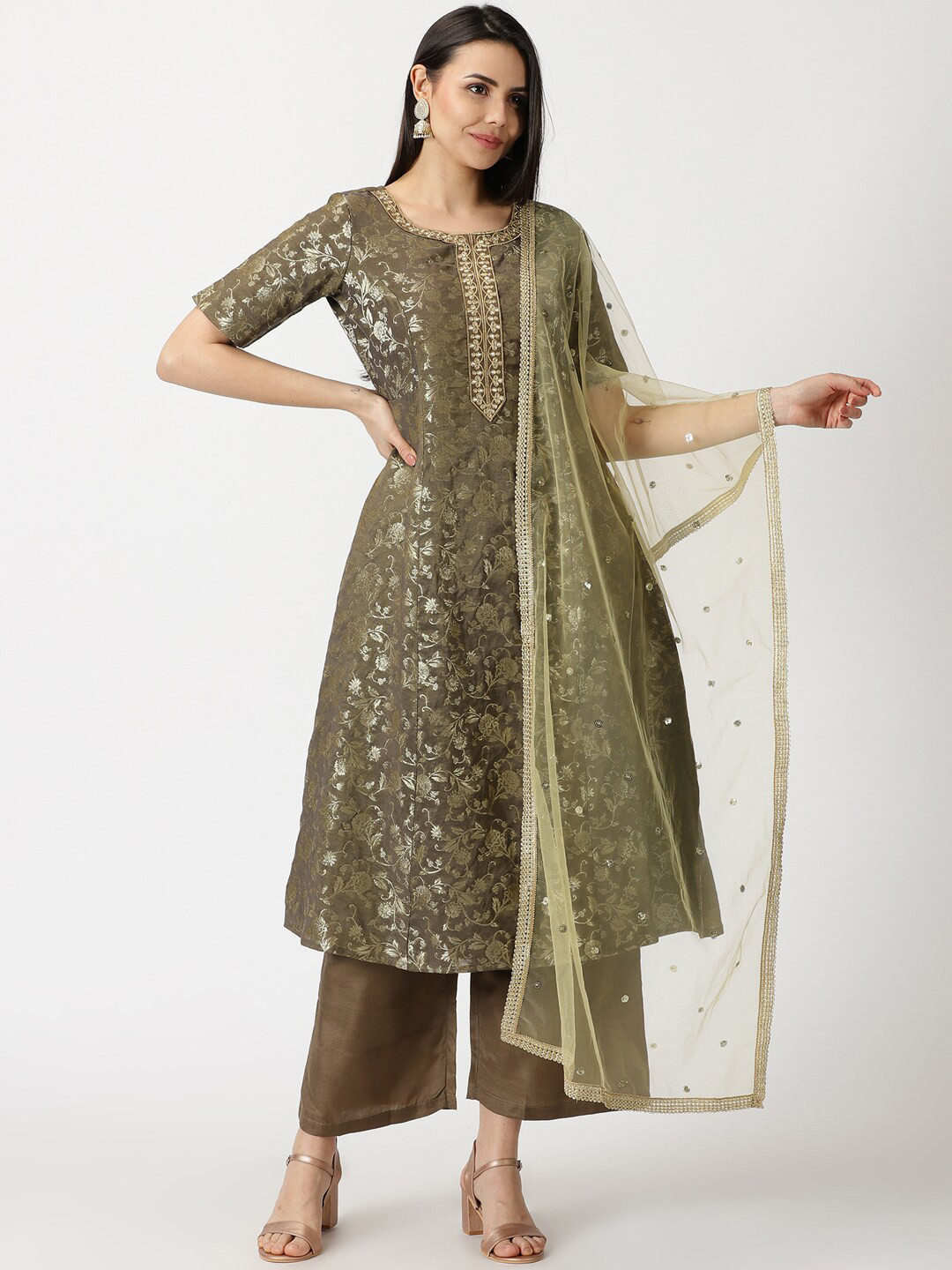 Saffron Threads Floral Woven Design Zari Jacquard A-Line Kurta With Palazzos & Dupatta