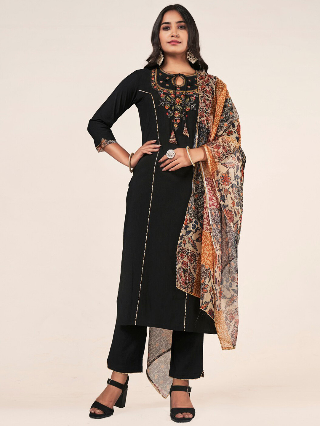 Sangria Black Embroidered Kurta With Trouser & Dupatta