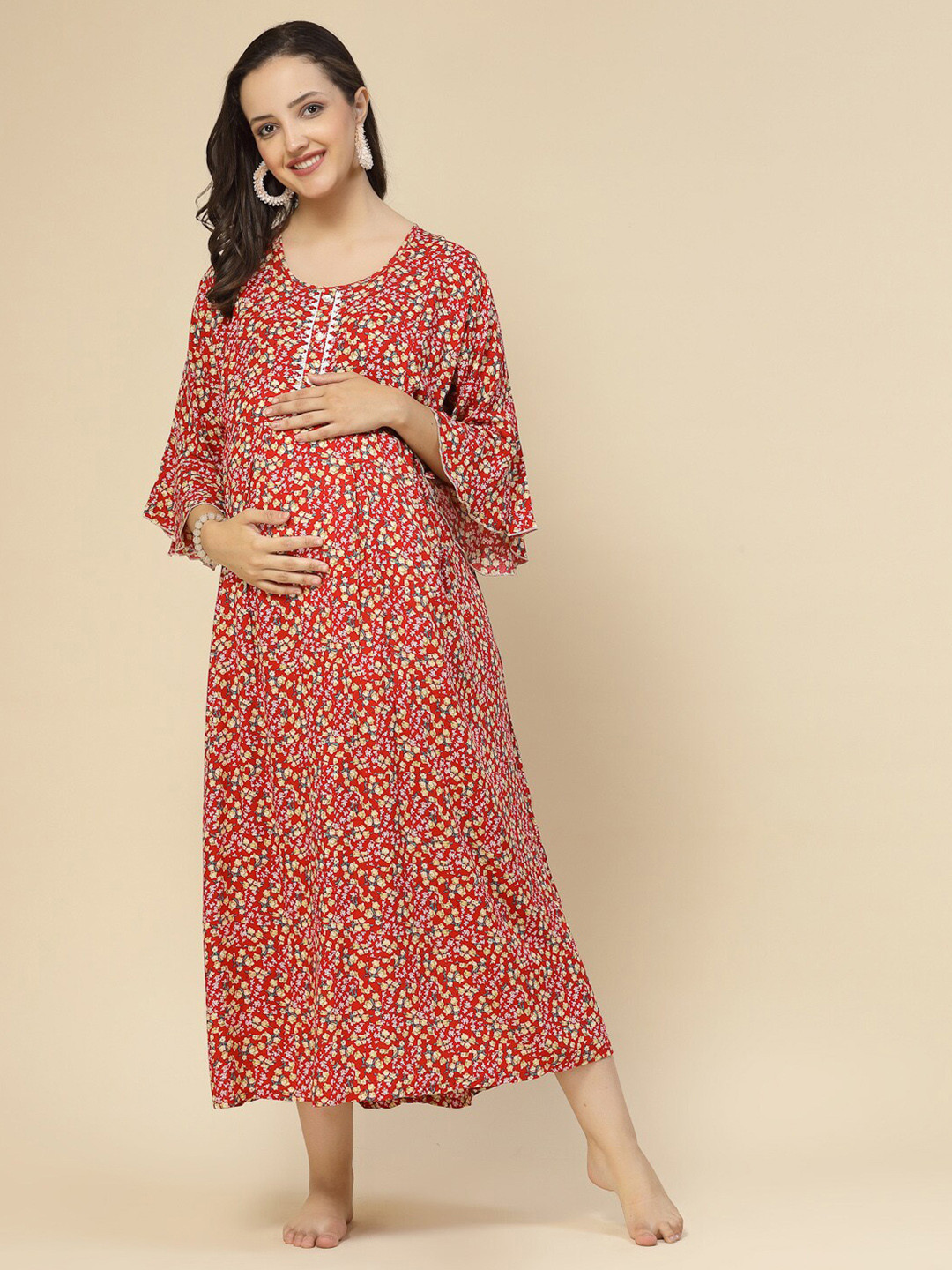 Sweet Dreams Red Floral Printed Flared Sleeves Fit & Flare Maternity Dress