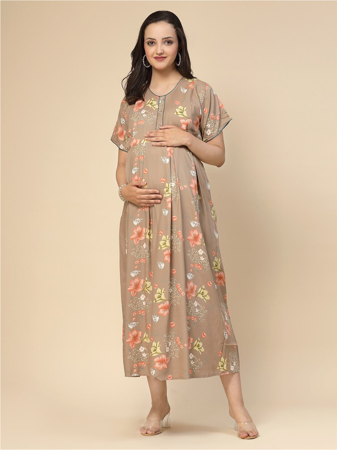 Sweet Dreams Rust Floral Printed Fit & Flare Maternity Dress