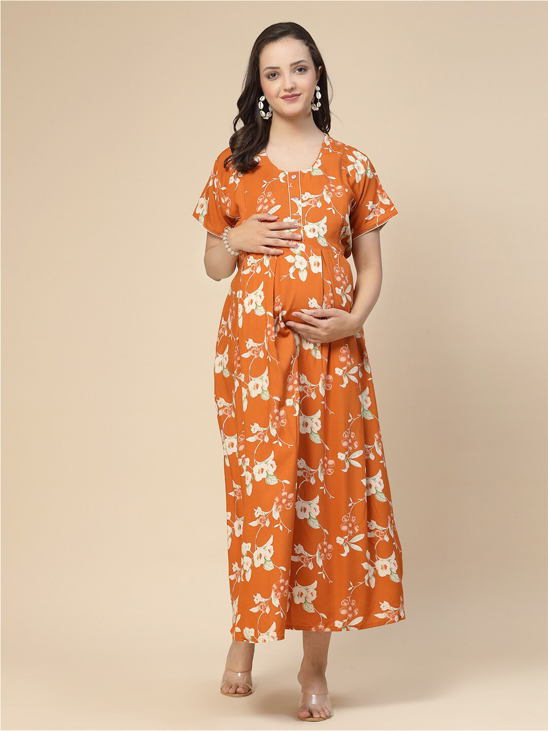 Sweet Dreams Orange Floral Printed Maternity Feeding A-Line Dress