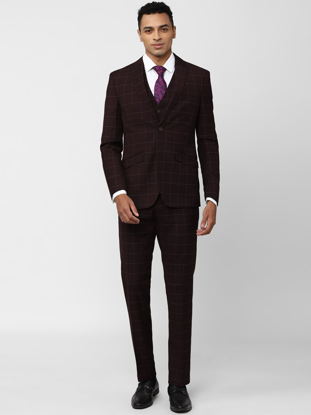 Peter England Elite Checked Slim-Fit Single-Breasted Three-Piece Formal Suit
