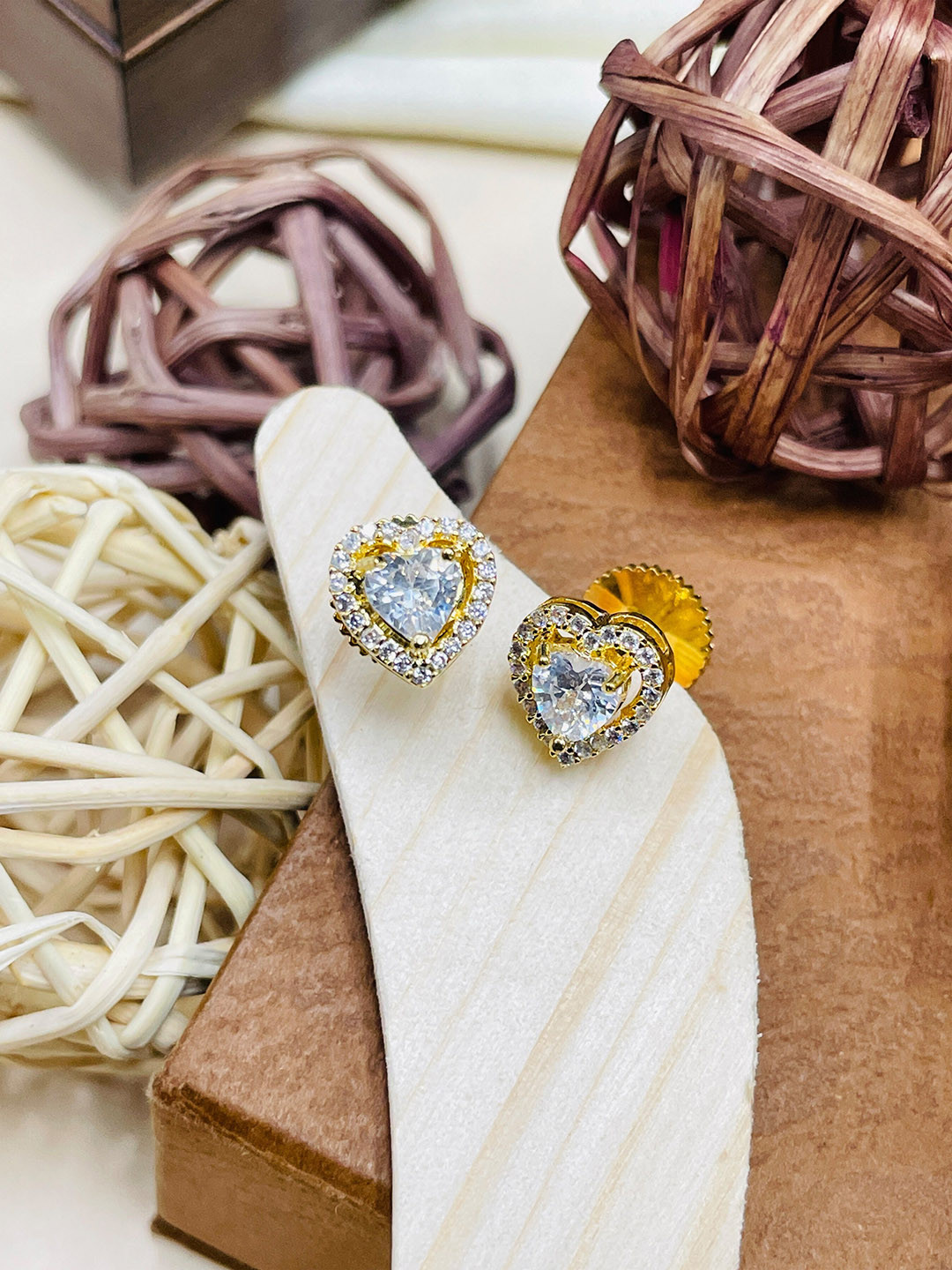 ABDESIGNS Gold-Plated Cubic Zirconia Heart Shaped Stud Earrings