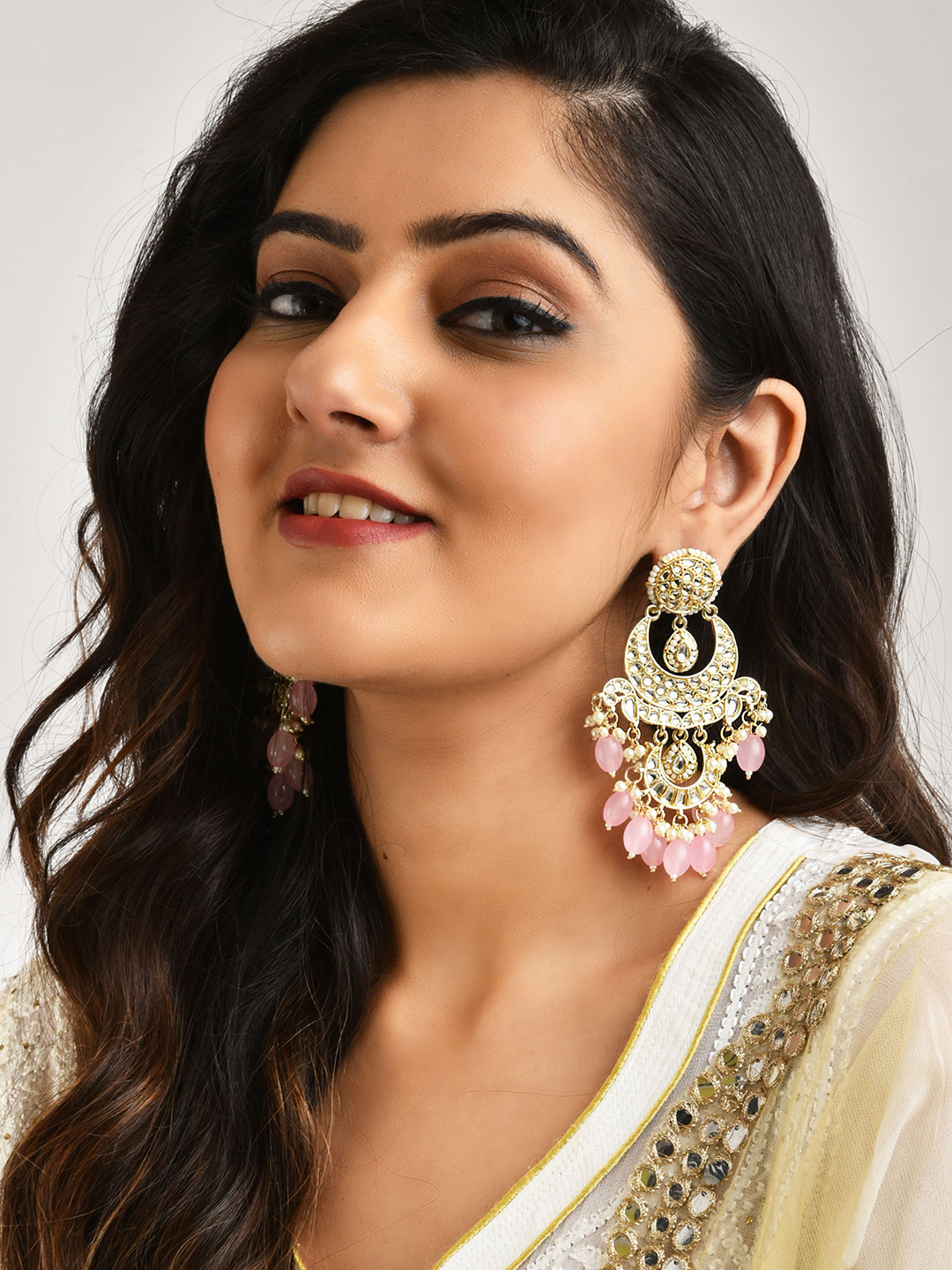LAIDA Gold-Plated Stone Studded & Beaded Contemporary Chandballi