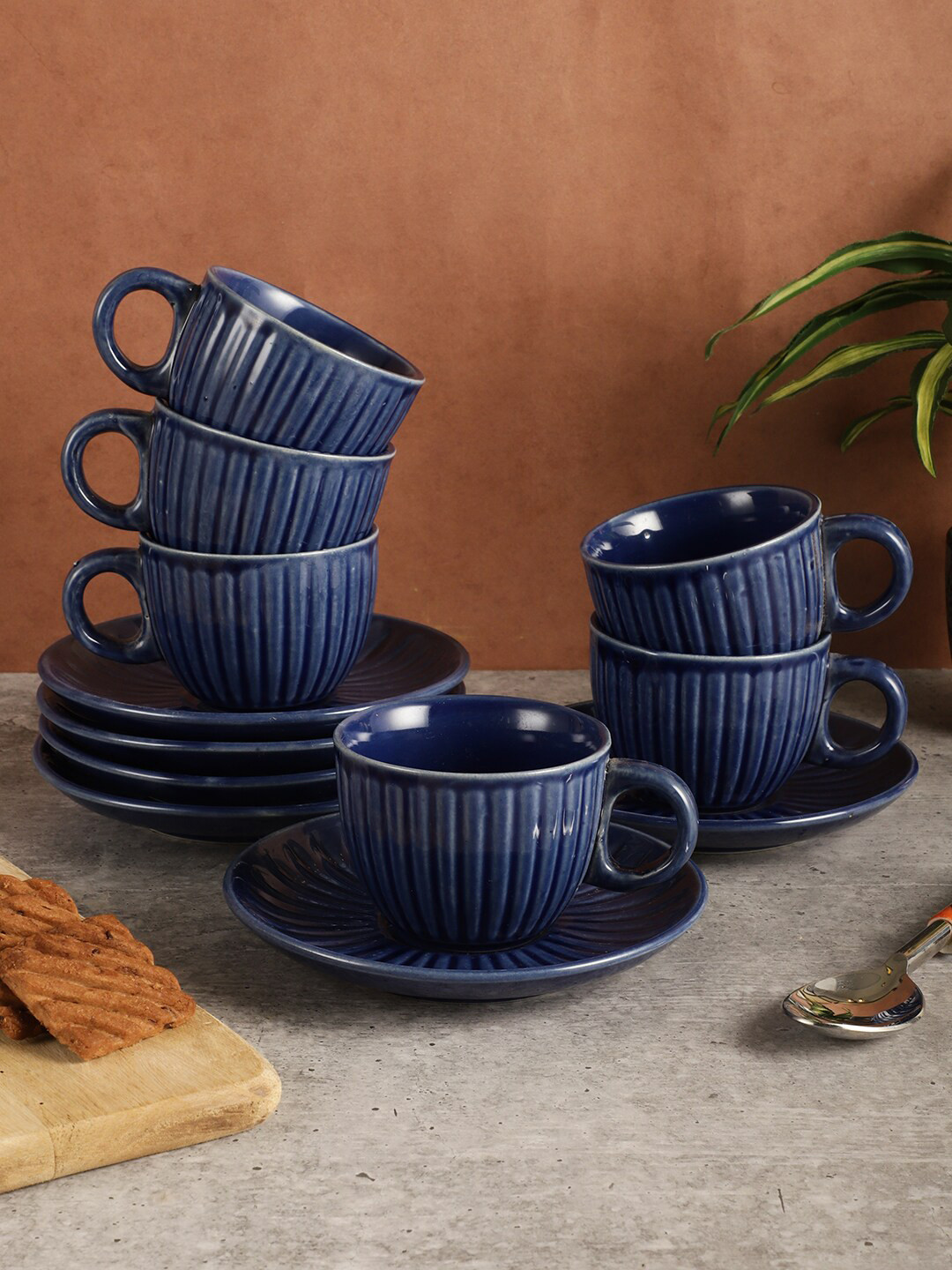 MIAH Decor Blue 6 Pieces Textured Ceramic Glossy Cups & Saucers Set