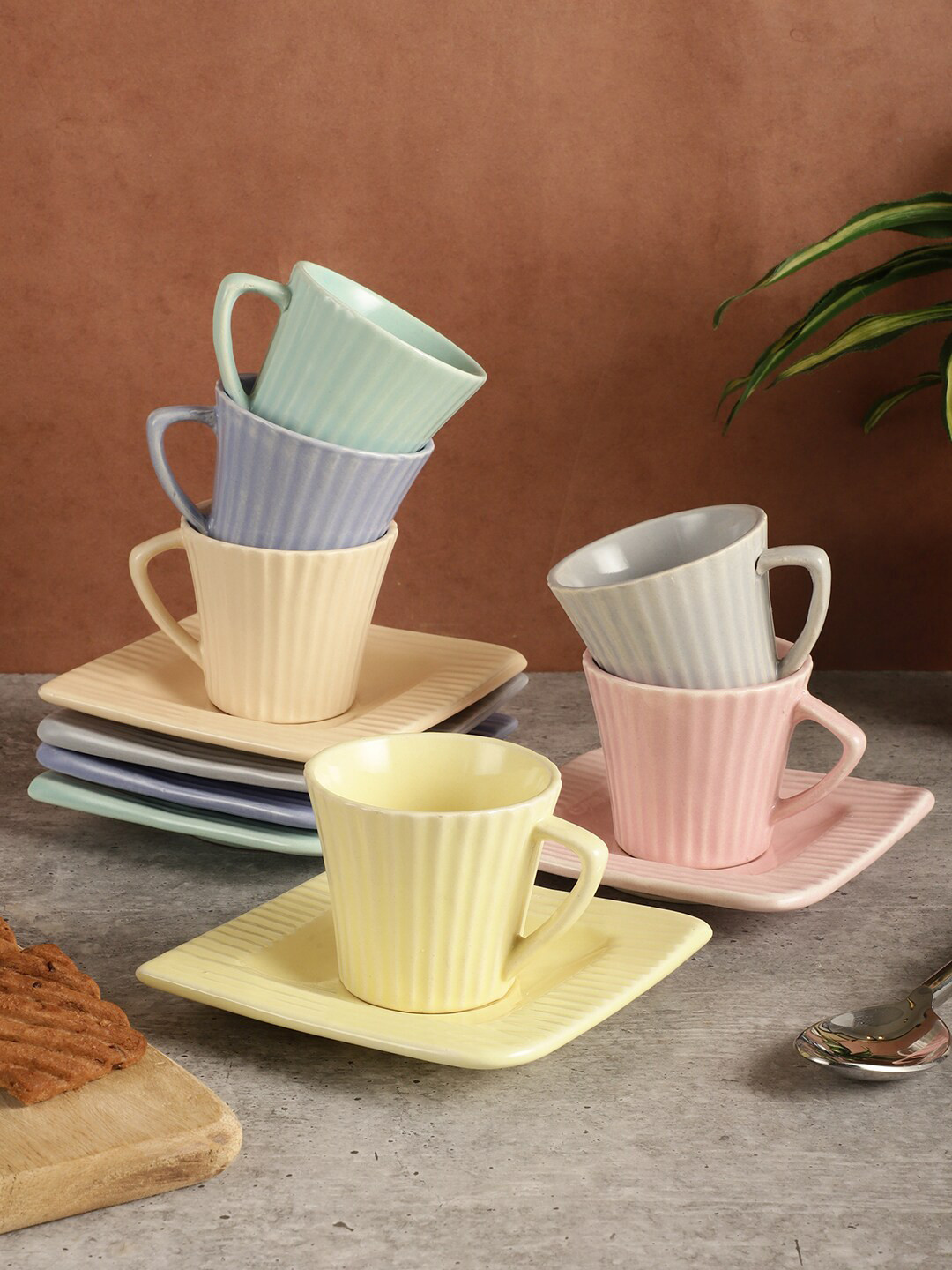 MIAH Decor Blue & Yellow 6 Pieces Textured Ceramic Glossy Cups and Saucers - 124 cm each