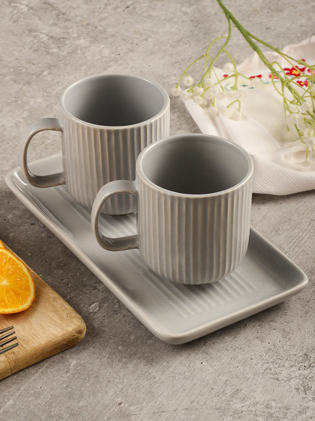 MIAH Decor Love Sorry Grey Textured Ceramic Handcrafted 3 Piece Mugs-310ml