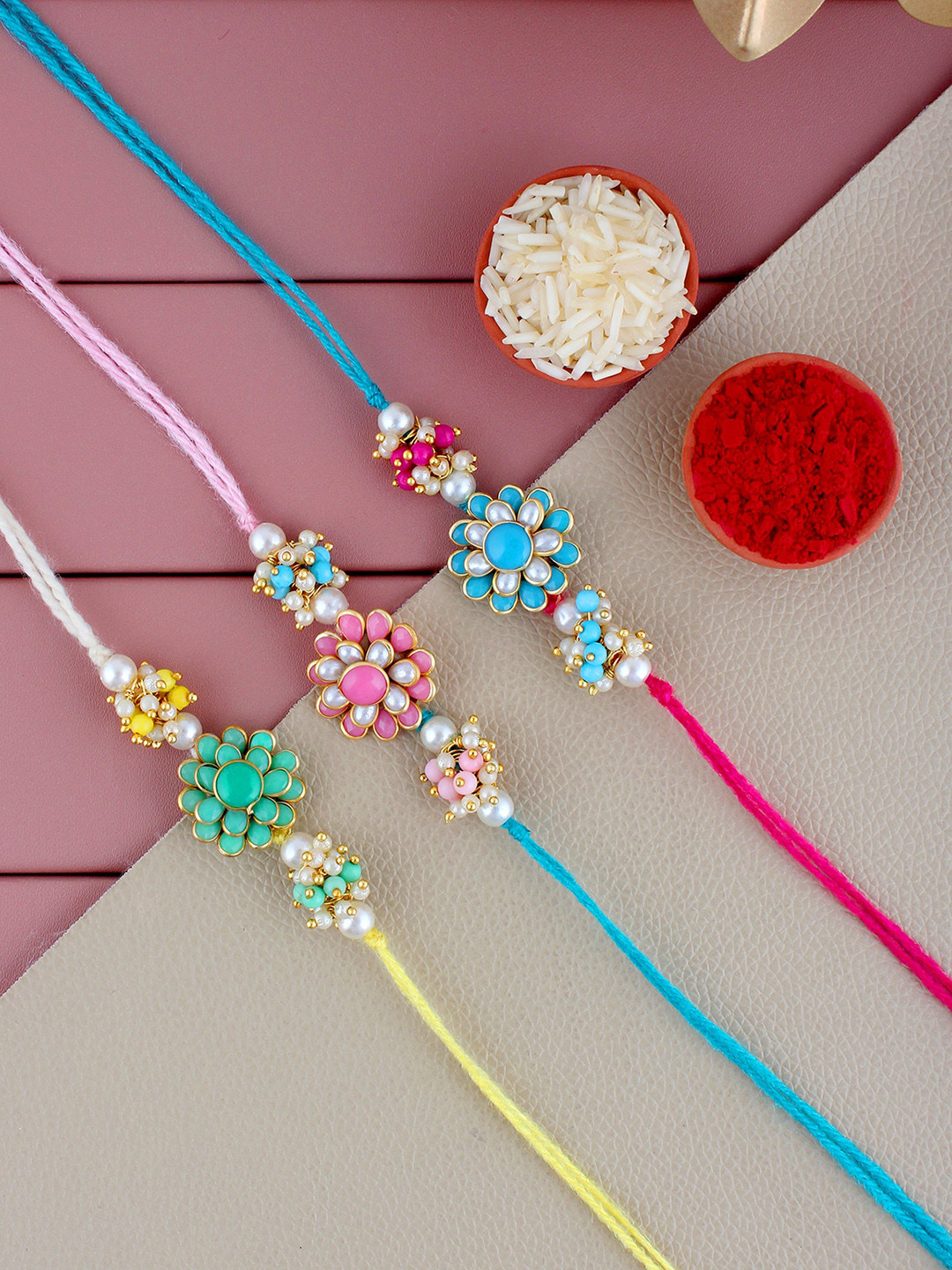 LUCKY JEWELLERY Set Of 3 Gold-Plated Stone-Studded Floral Charm Rakhi Bracelets