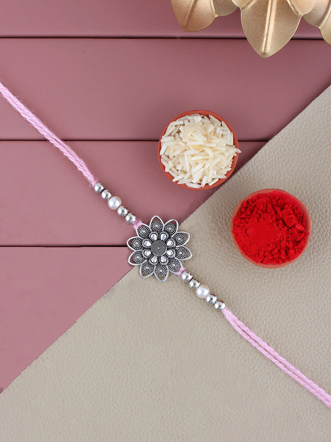 LUCKY JEWELLERY Men Oxidized German Silver Stone-Studded Floral Boho Charm Rakhi