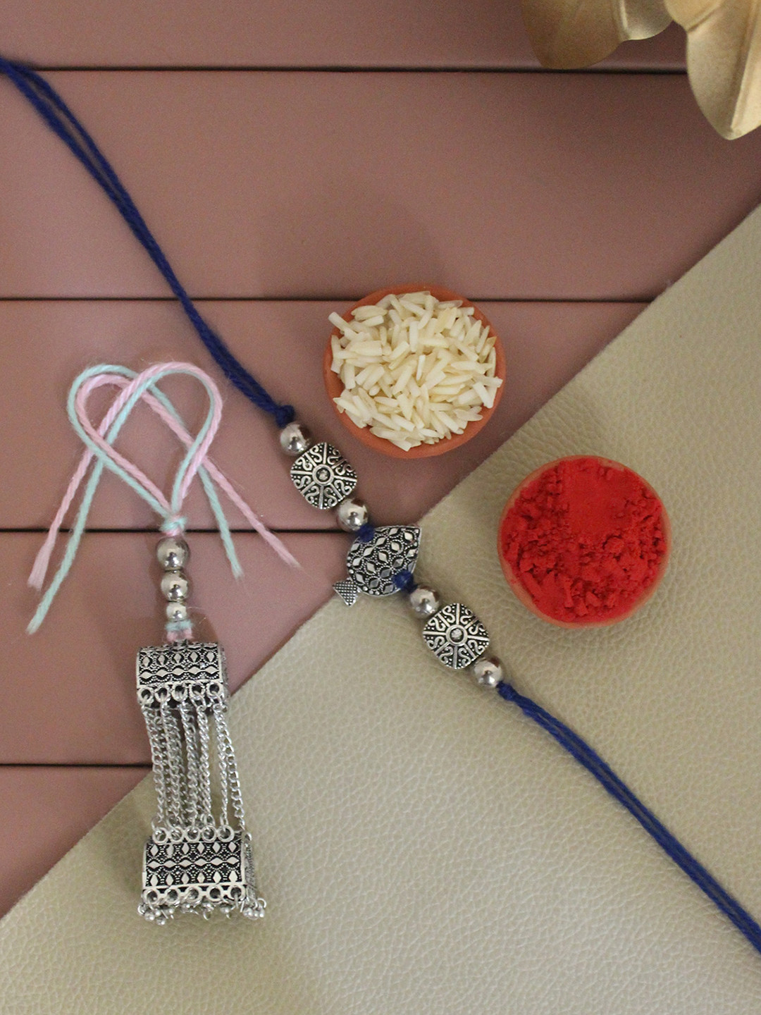 LUCKY JEWELLERY Men Oxidized German Silver Boho Charm Rakhi with Lumba, Roli, Rice & Card