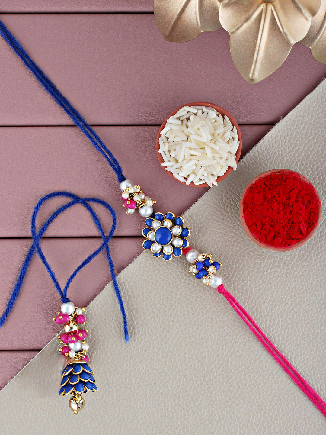 LUCKY JEWELLERY Men Set Of 2 Gold-Plated Stone-Studded Rakhi Roli Rice & Card