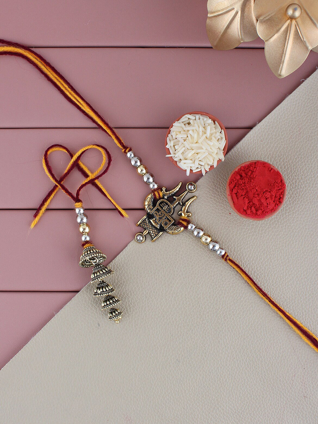 LUCKY JEWELLERY Men Set Of 2 Gold-Plated Shiv Trishul Charm Rakhis