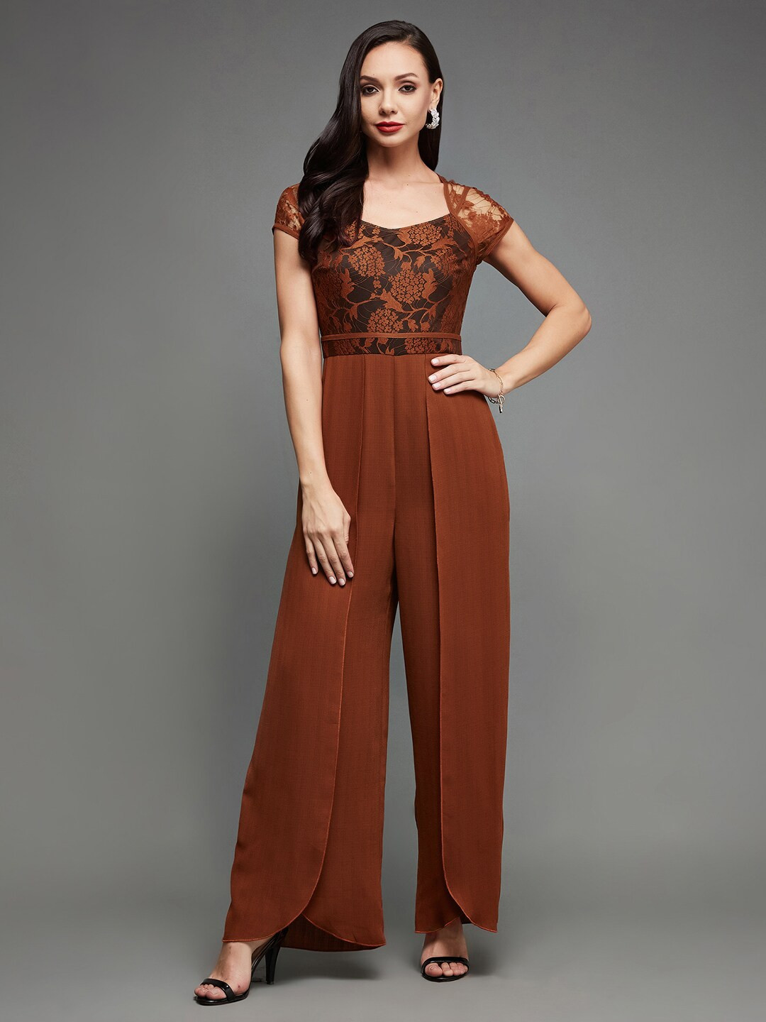 Miss Chase Rust Self Design Basic Jumpsuit