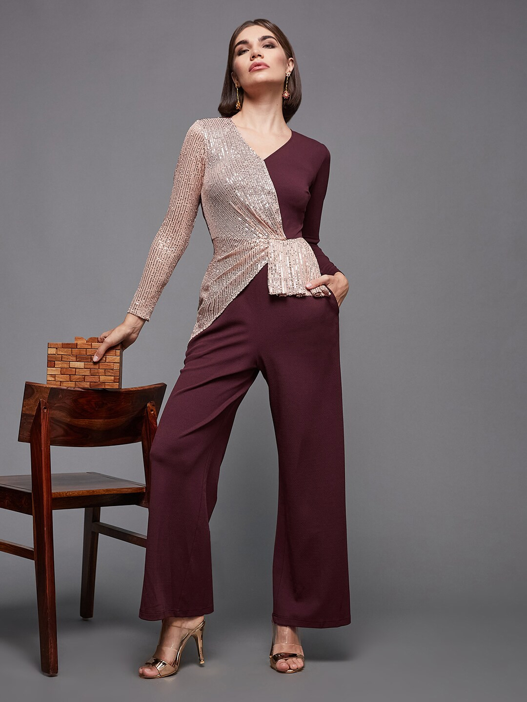 Miss Chase Maroon Pink Sequinned V-Neck Basic Jumpsuit