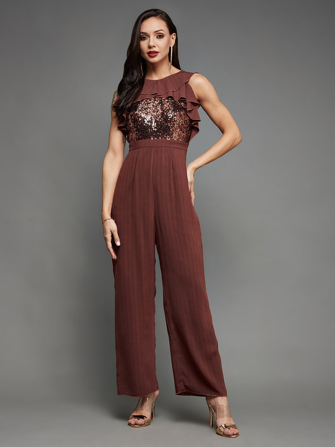 Miss Chase Burgundy Basic Frilled Jumpsuit