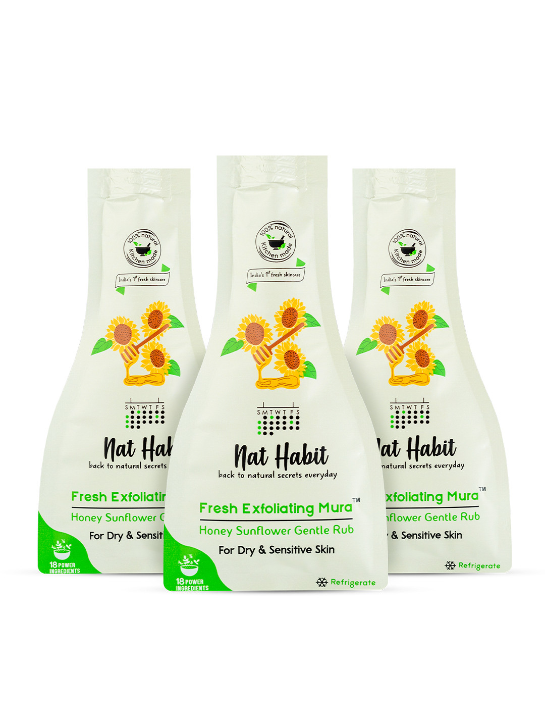 Nat Habit Set of 3 Fresh Exfoliating Mura Honey Sunflower Gentle Rub Face Scrub - 25g each