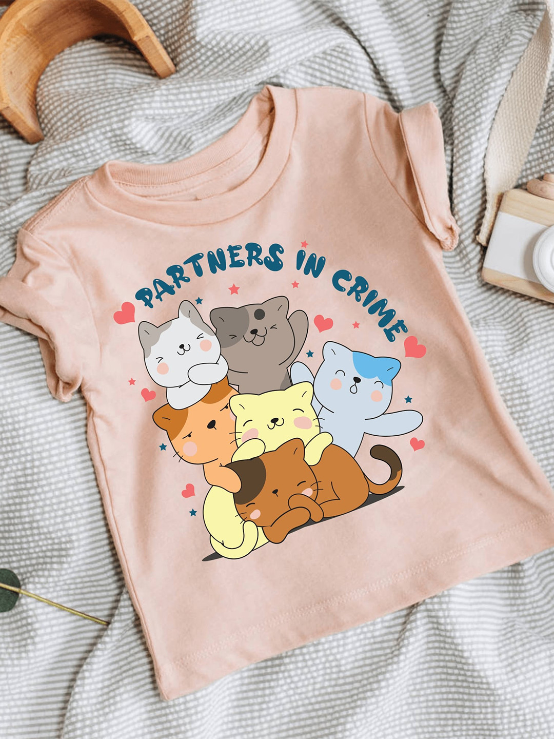 KNITROOT Kids Partner In Crime Cat Graphic Printed Knitted Cotton T-Shirt