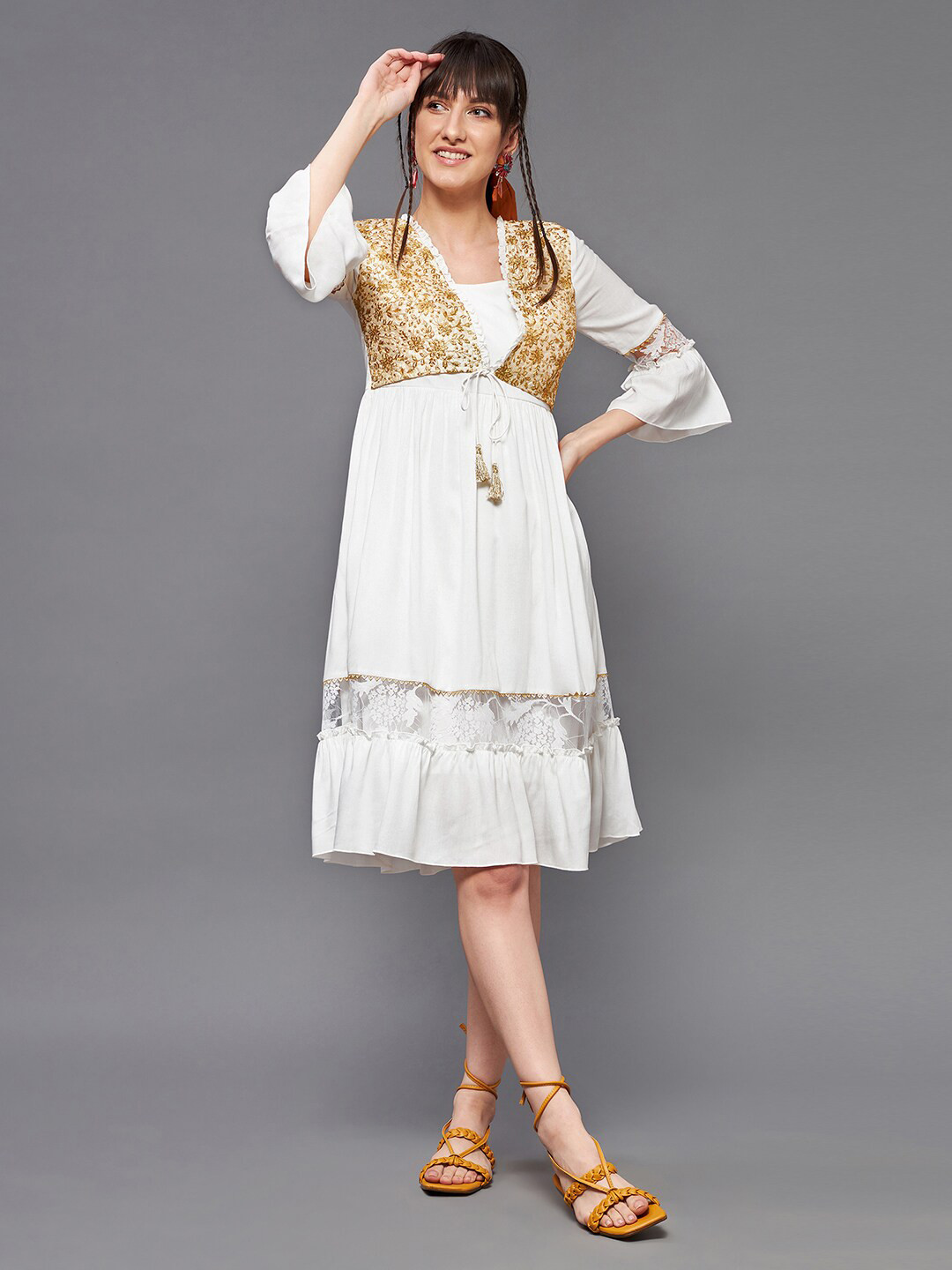 Miss Chase White Bell Sleeves Tie-Ups Tiered Dress