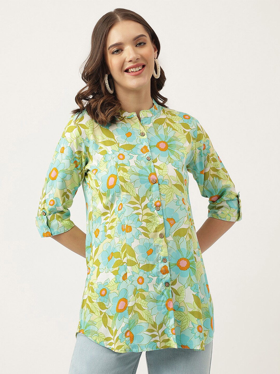 Divena Floral Printed Mandarin Collar Roll-Up Sleeves Shirt Style Top