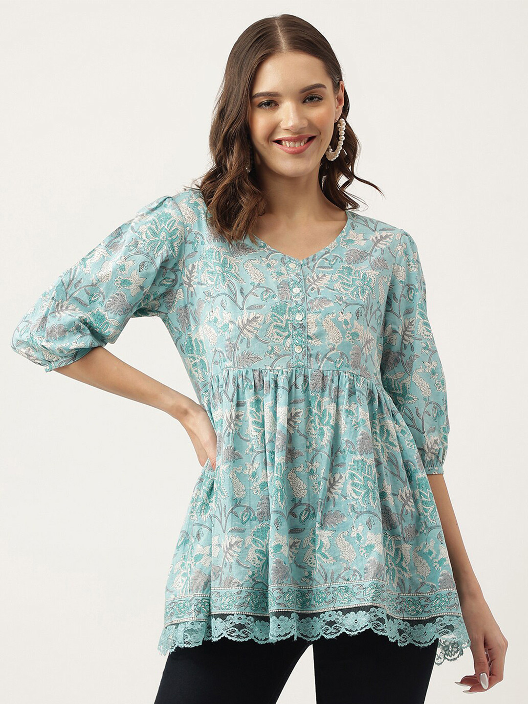 Divena Floral Printed Cotton Empire Top