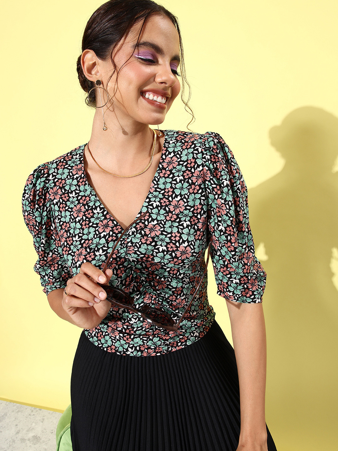 Mast & Harbour Floral Print Puff Sleeve Hello Monsoon 2k Twists Top