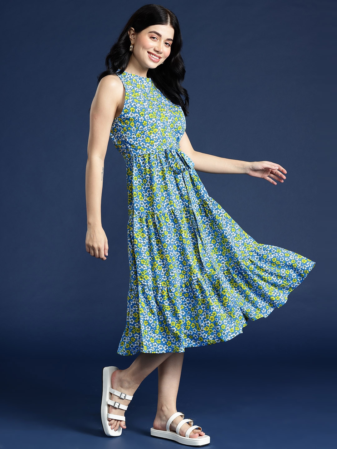 Buy Mast Harbour Ditsy Floral Printed A Line Tiered Belted Midi