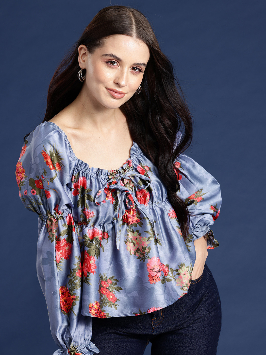 Mast & Harbour Floral Print Tie-Up Neck Marie Sleeves Empire Top