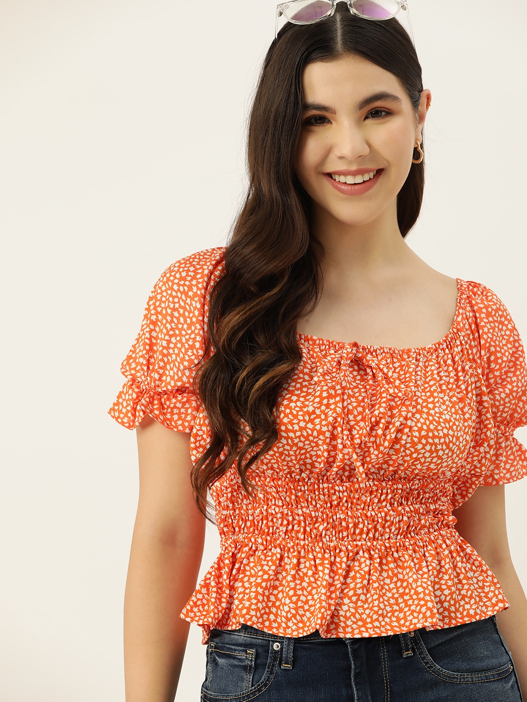 Mast & Harbour Abstract Print Tie Up Neck Cinched Waist Top - Tops for Women 23834936 | Myntra