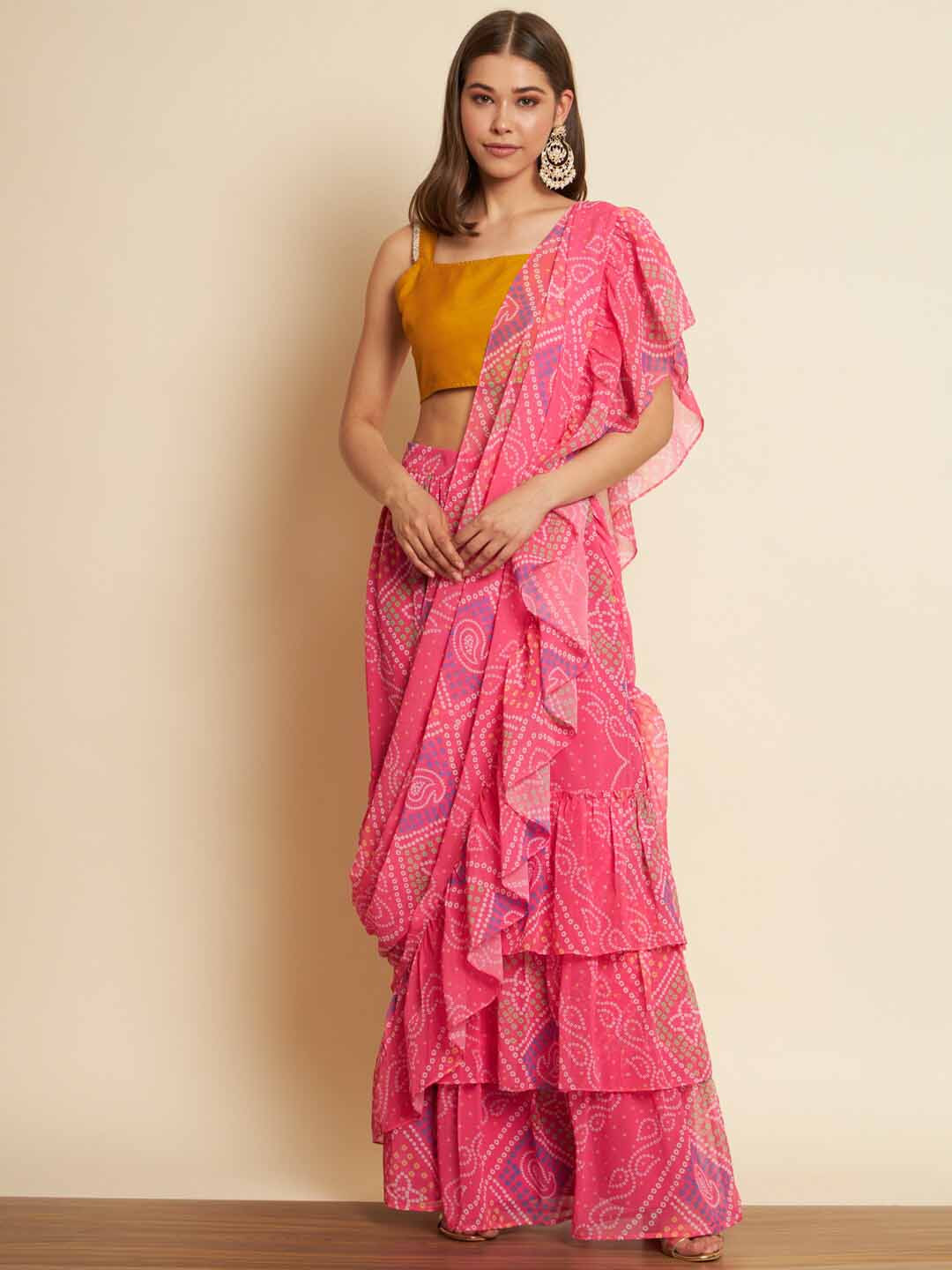 THE FAB FACTORY Bandhani Printed Ready to Wear Pure Georgette Saree