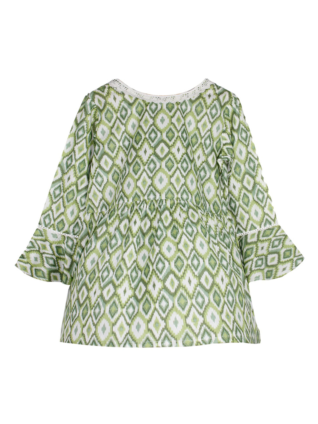 KiddoPanti Girls Tribal Printed Bell Sleeves Cotton A-Line Kurta