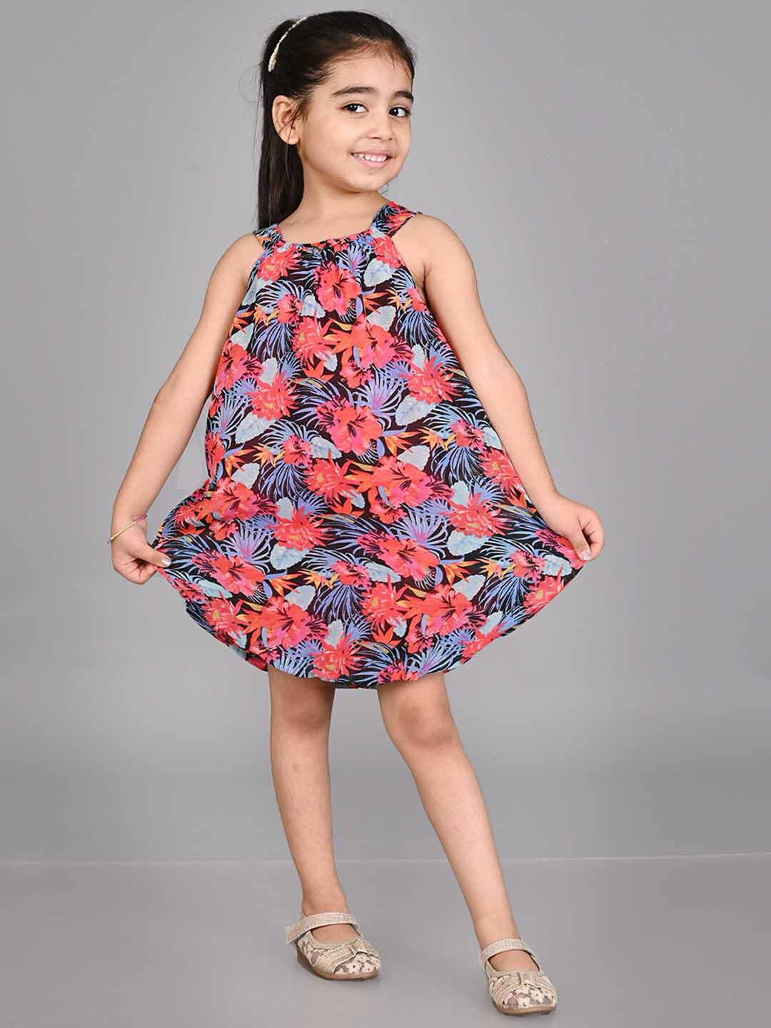 Creative Kids Girls Floral Printed Shoulder Straps A-Line Dress